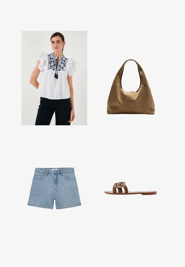 Biała bluzka z falbankowymi, krótkimi rękawami, haftowanym kwiatowym wzorem w granatowym kolorze, detal z kluczykowym zapięciem przy dekolcie, lekki materiał.; Jasnoniebieskie szorty jeansowe z wysokim stanem, czterema kieszeniami i zapięciem na guzik. Posiadają klasyczny prosty krój nogawki oraz postrzępione wykończenie.; Brązowe płaskie sandały wykonane z materiału syntetycznego, z plecionym wzorem na pasku i gładką, płaską podeszwą. Bez obcasa, minimalistyczna estetyka.; Brązowa torba na ramię z szerokim, zaokrąglonym kształtem i dużym wyciętym uchwytem. Miękka tekstura, minimalistyczny design i brak widocznych elementów metalowych.