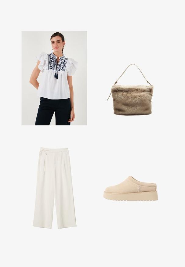 Biela blúzka s krátkymi volánovými rukávmi, vyšívaný kvetinový vzor v námorníckej farbe, detail s kľúčovou dierkou a viazaním na výstrihu, ľahký materiál.; Dlhé nohavice v off-white materiáli s hladkou textúrou. Obsahujú viazaný pás a plisovaný predok, navrhnuté pre voľný strih.; Béžové semišové slip-on topánky s okrúhlym špičkou a hrubou, štruktúrovanou platformou. Obsahujú minimálne švy a majú jemný dizajn.; Kabelka z umelého kožúška v svetlo béžovej farbe s jemným, textúrovaným povrchom. Obsahuje jeden tenký popruh a má obdlžníkový tvar s huňatým horným okrajom.