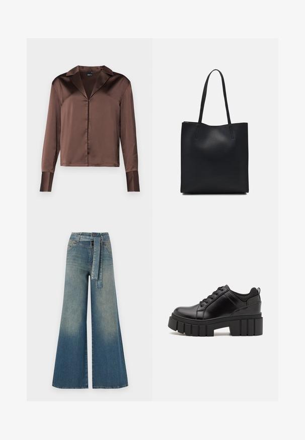 Brown satin long-sleeve blouse with a pointed collar, front button closure, and structured cuffs, featuring a smooth, glossy texture.; Wide-leg denim trousers featuring a light to dark blue gradient, high waist, belt loops, and a matching fabric belt. Textured denim finish.; Black leather platform shoes with a chunky block heel, round toe, and traditional lace-up design. Features smooth texture and minimal detailing.; Black leather tote bag with smooth texture, rectangular shape, and two long handles. No visible hardware or embellishments.