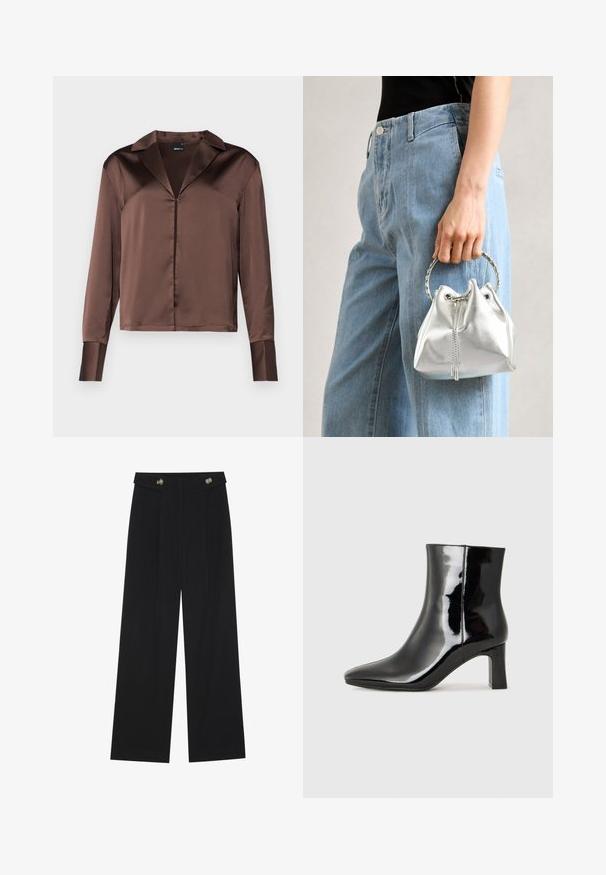 Pruun satiinist pikkade varrukatega pluus, millel on terav krae, esine napp lagune, ning struktureeritud mansetid, omades sileda ja läikiva tekstuuri.; Mustad laiad püksid kõrge vöökoha ja nööpdetailidega vööandil, esikortsudega.; Must-sinine nahkjalats musta läikiva viimistlusega, millel on terav nina ja keskmise kõrgusega plokk konts. Sile tekstuur ja minimalistik disain.; Metallik hõbedane ämbritask, millel on tekstuurne viimistlus, kaunistatud hõbeda ümmarguse käepideme ja tõmbluku sulgemisega, hoituna helesiniste teksade vastu.