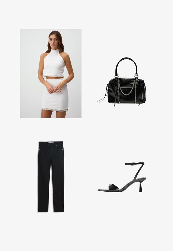 Ensemble blanc en deux pièces comprenant un crop top à col halter et une mini jupe assortie. Les deux pièces sont ornées d'un accent en cristal brillant le long de l'ourlet.; Pantalons en denim noir avec une coupe droite, cinq poches, fermeture à bouton en métal, et détails de couture subtils. Texture lisse.; Bershka Sandales à talons hauts - black; Bershka WITH CHAIN - Sac à main - black