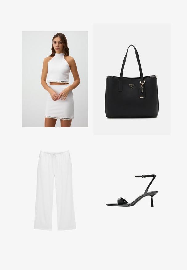 White two-piece outfit featuring a halter neck crop top and a matching mini skirt. Both have a shiny crystal accent along the hem.; White wide-leg pants made from soft fabric, featuring an elastic waistband with a drawstring and two side pockets. Simple and clean design.; Bershka High heeled sandals - black; Black tote bag made of textured synthetic material, featuring two handles, a gold logo plaque, and a small tag with an accent detail.