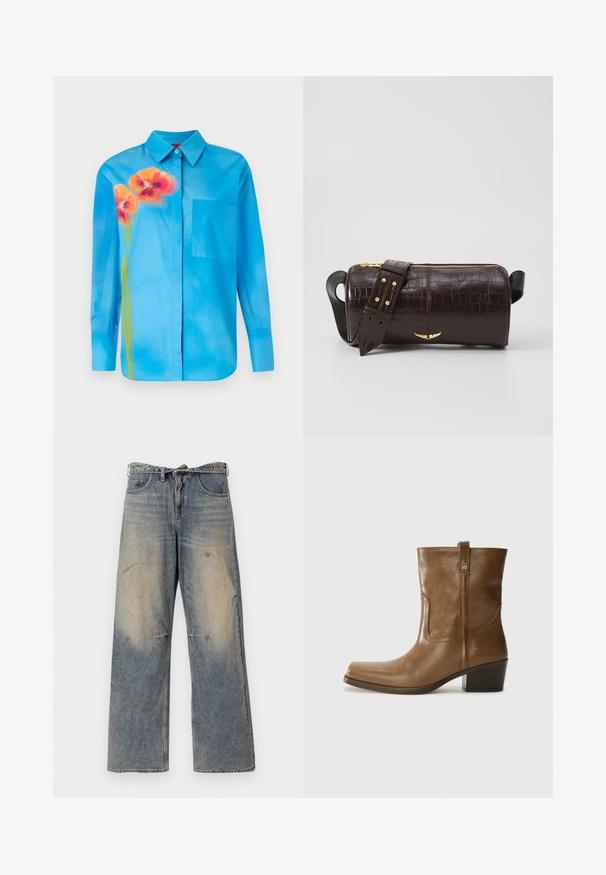 Svetlomodrá košeľa s gombíkmi vyrobená z hladkej tkaniny. Má oranžový kvetinový vzor a náprsné vrecko na ľavej strane.; Svetlo modré džínsy s voľným strihom a rovnými nohavicami. Obsahujú efekt opotrebovania, vyblednutie a poškodené detaily pri kolenách. Klasický strih s piatimi vreckami.; Hnedé kožené členkové topánky so štvorcovou špičkou, textúrovaným povrchom a nízkym vrstveným podpätkom. Obsahujú zadný úchyt a diskrétne prešívanie.; Hnedá taška z kože s embosovaným vzorom krokodíla, cylindrického tvaru, so zlatými hardvérovými doplnkami a odnímateľným popruhom so štítkami.