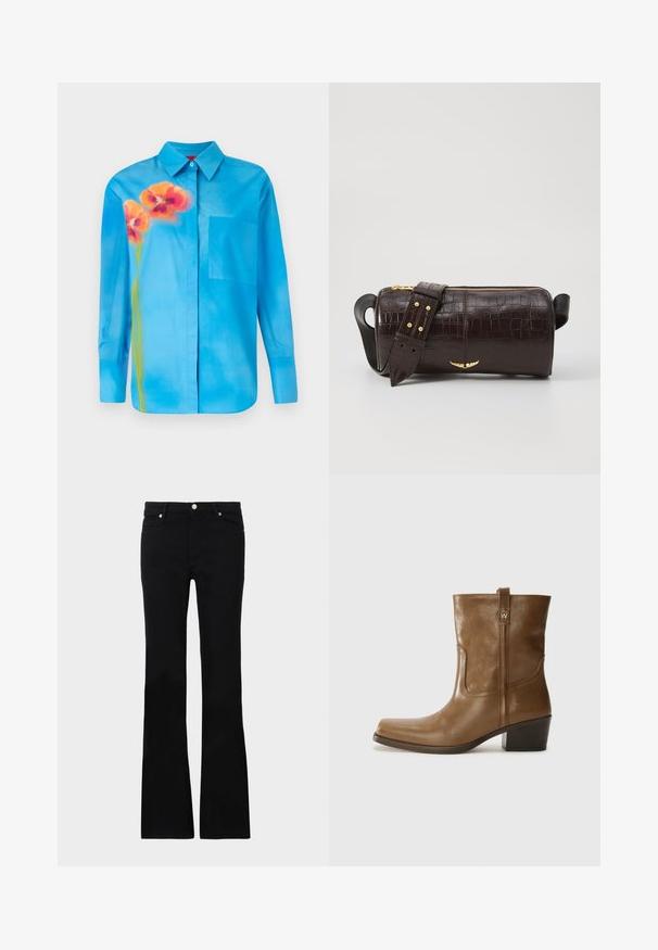 Chemise bleu clair à manches longues en tissu lisse. Dotée d'un imprimé de fleurs oranges et d'une poche poitrine du côté gauche.; Jean évasé noir en denim, avec deux poches avant, une fermeture à bouton et une texture lisse. Couture signature visible aux coutures.; Bottine en cuir marron avec un orteil carré, une finition texturée et un petit talon empilé. Présente une languette à l'arrière et des détails de couture subtils.; Sac en cuir embossé crocodile marron avec une forme cylindrique, quincaillerie dorée et une bandoulière détachable ornée de clous.