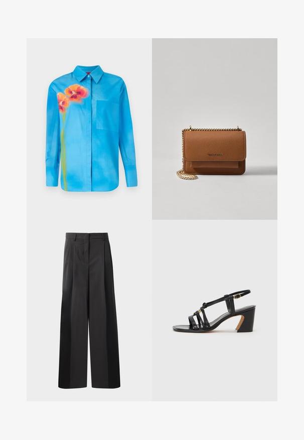 Gaiši zils pogājams krekls, kas izgatavots no gludas auduma. Ar oranžiem ziedu rakstiem un krūšu kabatu kreisajā pusē.; Melni platajā kājās bikses ar augsto jostasvietu, kas ar priekšējiem krokām, gludu tekstūru un pielāgotu apdari. Veidotas relaksētai piegrieztei.; Paul Smith AMIRA - Klasiski papēži - black; Brūna teksturēta ādas plecu soma ar zelta ķēdes siksnu un atloka aizdari. Priekšpusē ir logotipa detaļa un kabata zem atloka.