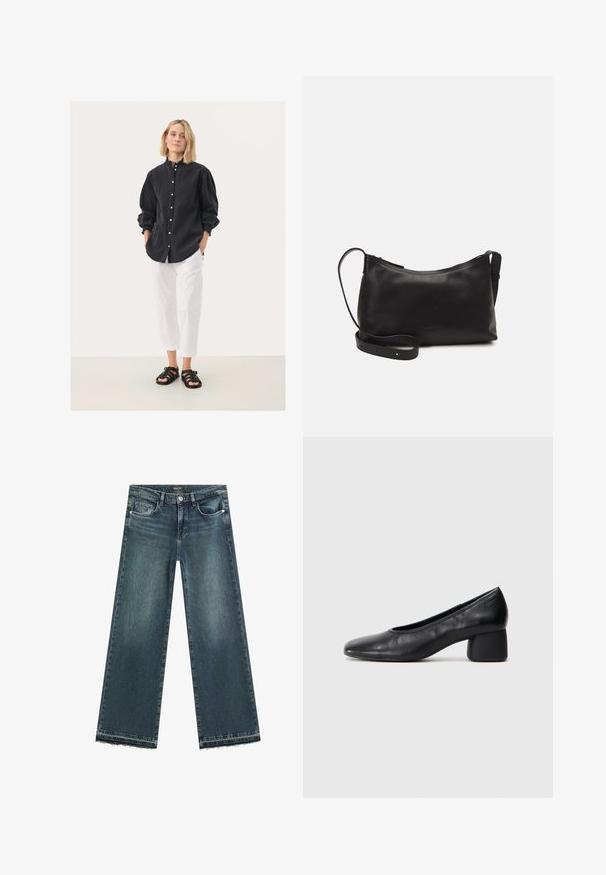 Svart skjorta med knappar och samlade ärmar, matchad med vita avklippta byxor och svarta sandaler med remmar. En enkel bakgrund.; Vida jeans i mörkblå denim med en blekt finish. Har en fransig nederkant och klassisk femficksdesign med metalldetaljer.; Svart läderpumpsko med rund tå och medelhög blockklack. Slät textur med minimal detaljering, med en diskret elastisk öppning.; Svart läder axelväska med en slät yta, rundad form, justerbar rem och dragkedjestängning. Minimalistisk design utan utsmyckningar.