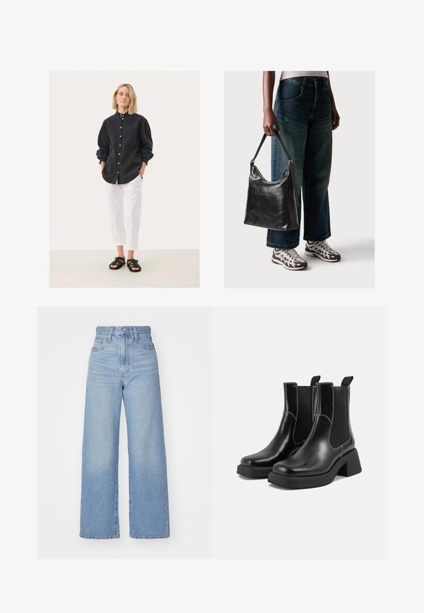 Czarna koszula z guzikami i marszczonymi rękawami, w połączeniu z białymi spodniami 3/4 i czarnymi sandałami na obcasie. Gładkie tło.; Jasnoniebieskie jeansy z wysokim stanem i szerokimi nogawkami, z zapięciem na guziki i zamek z przodu, przednie i tylne kieszenie, na białym tle.; Czarne skórzane botki Chelsea na mocnej podeszwie, z elastycznymi panelami bocznymi i kontrastującym białym ściegiem. Teksturowane wykończenie.; Czarna skórzana torba na ramię o gładkiej fakturze i regulowanym pasku, w zestawieniu z wyblakłymi dżinsami typu wide-leg i sportowymi butami.