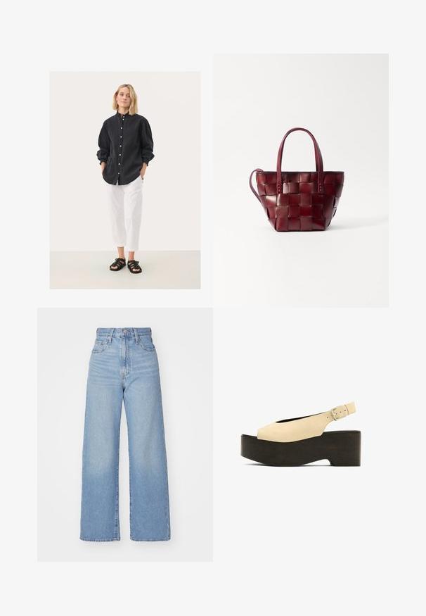 Sort skjorte med knapper og samlede ærmer, parret med hvide cropped bukser og sorte sandaler med stropper. Ensfarvet baggrund.; Lyseblå højtaljede bukser med bred benåbning, med frontknap og lynlås, samt for- og baglommer, på en hvid baggrund.; Beige ruskindsplatformsandaler med åben tå, slingback-design og en mørk trælignende bund, der har en metalspænde til justering.; Vevet bordeaux læder tote taske med to korte håndtag og en aftagelig skulderrem. Har en struktureret form og en glat overflade.