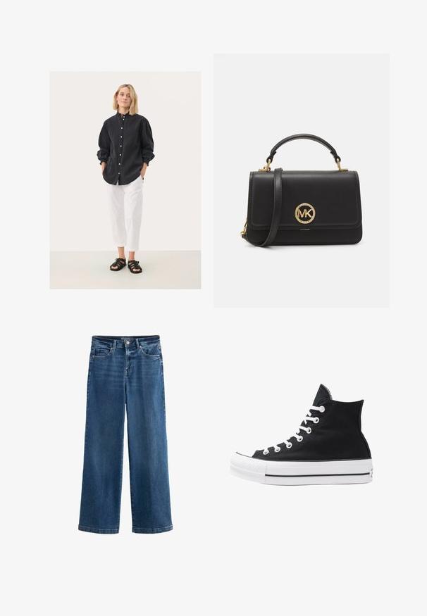 Sort skjorte med knapper og samlede ærmer, parret med hvide cropped bukser og sorte sandaler med stropper. Ensfarvet baggrund.; Blå vidde jeans i denim med høj talje, fem lommer, subtile slidte detaljer, knaplukning og kontrasterende syninger.; Højtop sort lærredssko med hvide øjetter, snørebånd og gummisål. Har en tekstureret tåhætte og sorte og hvide stribe-accenter.; Sort læder håndtaske med en struktureret design, der har et guld cirkulært logo, en top håndtag og en aftagelig skulderrem.