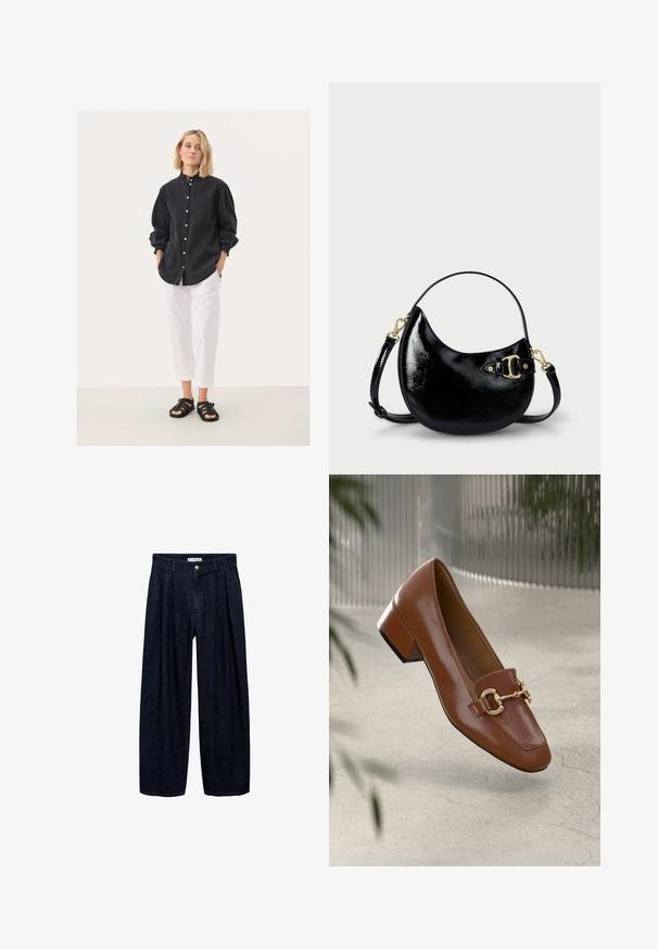Crna košulja s gumbima i naboranim rukavima, uparena s bijelim hlačama do gležnjeva i crnim sandalama s trakama. Jednostavna pozadina.; Tamno plave široke hlače s plisama na struku, s prednji gumbom i petljama za remen. Glatka tekstura i dizajn punih dužina.; Smeđi lakirani loafer s kvadratnim vrhom, metalnim lancem kao naglaskom i niskom blok petom; glatka tekstura, minimalistički dizajn.; Crna torbica od lakirane kože s zakrivljenim oblikom, podesivim remenom i detaljem od zlatnog metala sa strane. Glatka, sjajna tekstura.