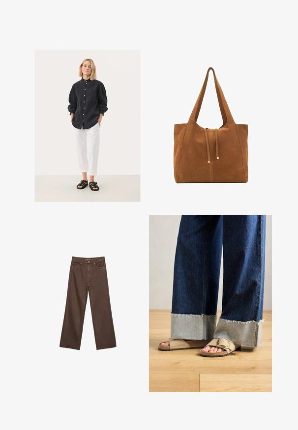 Czarna koszula z guzikami i marszczonymi rękawami, w połączeniu z białymi spodniami 3/4 i czarnymi sandałami na obcasie. Gładkie tło.; Szerokie brązowe dżinsy wykonane z denimu, z wysokim stanem, przednimi kieszeniami i klasycznym zapięciem na guzik. Gładka faktura z subtelnym przeszyciem.; Stopy w beżowych sandałach Birkenstock z złotymi klamrami, w połączeniu z ciemnoniebieskimi dżinsami podwiniętymi u dołu, stojące na drewnianej podłodze.; Brązowa torba tote z zamszu z dwoma długimi paskami, zamknięciem na sznurek i minimalistycznym wzornictwem. Gładka tekstura i brak widocznych akcentów metalowych.
