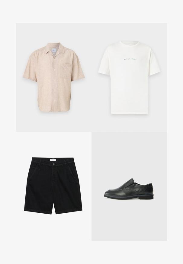 Trumpas rankovės marškiniai su mygtukais, pagaminti iš smėlio spalvos lino mišinio, su krūtine kišene, švelnia tekstūra ir klasikinio tipo apykakle.; Balta medvilninė marškinėliai trumpomis rankovėmis ir apvaliu iškirpimu. Viduryje esantis tekstas sako "SVEIKI ATVYKĘ Į PARADISĄ" kreiptu žaliu šriftu.; Juodi džinsiniai šortai su klasikiniu kirpimu, turintys dvi priekinės kišenes, mygtuko užsegimą ir etiketę ant juosmens. Textūruotas audinys.; Juodai odiniai įtvirtinimo batai su lygiu paviršiumi, siuvinėjimo akcentais, apvalia nosimi ir žemu guminiu kulnu. Pado raštas minimalus.