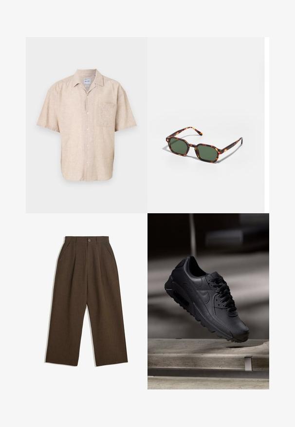 Kurzärmliges Hemd aus beigefarbenem Leinenmischgewebe, mit einer Brusttasche, subtiler Textur und klassischem Kragendesign.; Braune Plisseehosen mit weitem Bein, ausgestattet mit einem Knopfverschluss und seitlichen Taschen, aus strukturiertem Stoff, der sich gut für Freizeitkleidung eignet.; Schwarze Nike Air Max Sneaker mit einem strukturierten Leder-Obermaterial, Gummisohle und auffälligem Schnürsystem, das ein schlankes, modernes Design präsentiert.; Schildpatt-Sonnenbrille mit grünen Gläsern, in einer achteckigen Form und schlanken, gebogenen Bügeln. Das Material hat eine glänzende Oberfläche.