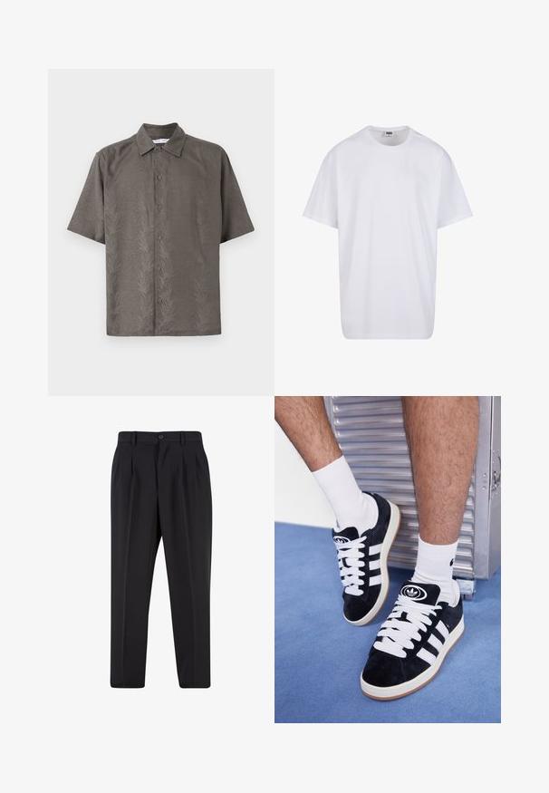 Cămașă cu mânecă scurtă, de culoare verde măsliniu, dintr-un material texturat cu un model tipărit de frunze, dotată cu guler clasic și închidere cu nasturi în față.; Tricou alb din bumbac cu mâneci scurte, decolteu rotund, croială lejeră și fără logo-uri sau modele vizibile. Textură netedă și design minimalist.; Pantaloni negri cu un design față plisată, fabricați dintr-un material neted. Prezintă un închidere cu nasture și brâuri; croială dreptă.; Adidași negri din suede cu șireturi albe și trei dungi albe. Au un logo circular negru pe limbă și o talpă din cauciuc de tip gumă.