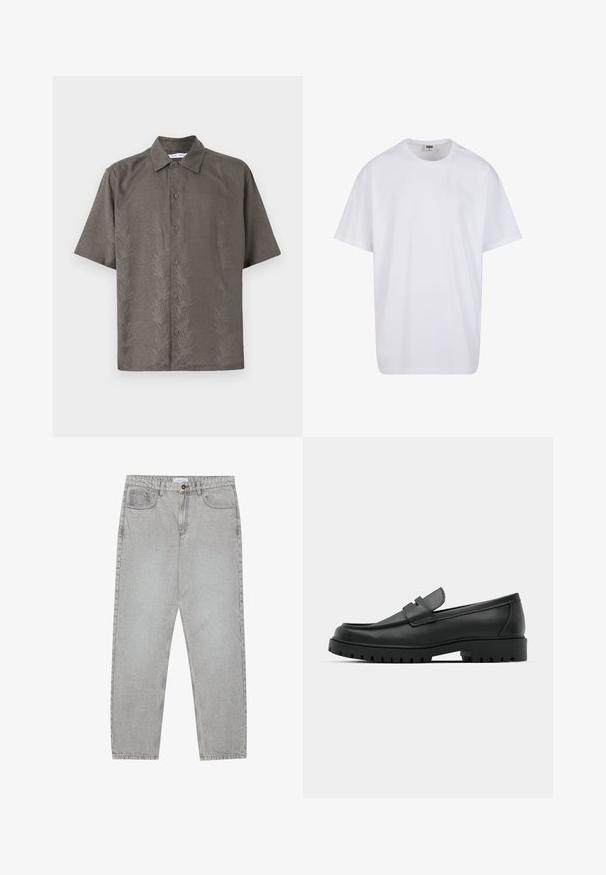 Trumpas rankovėmis, alyvuogių žalios spalvos marškiniai iš tekstūruoto audinio, su reljefiniu lapų raštu, klasikiniu apykaklė ir priekinis užsegimas sagomis.; Balta medvilninė marškinėlių užsagėlė su trumpomis rankovėmis, apvaliu kaklu, laisva forma ir be matomų logotipų ar raštų. Lygi tekstūra ir minimalus dizainas.; Šviesiai pilki džinsai su tiesiu kirpimu, penkiais kišenėmis ir mygtuko uždarymu. Matoma siuvimo linija palei siūles.; Juodi odiniai loaferiai su apvalia nosimi, su siuvinėtu dizainu, žemu platformos padu ir tekstūruotu, sukibimo raštu padu.