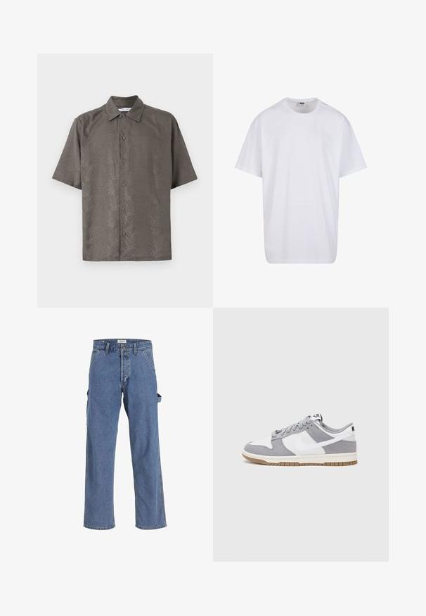 Lyhese varrukaga, oliivroheline särk tekstureeritud kangast, millel on reljeefne lehe muster, klassikalise krae ja esioso nupulehega.; Valge puuvillane t-särk lühikeste varrukatega, ümmarguse kaelusega, lõdva lõikega ja ilma nähtavate logodeta või mustriteta. Sile tekstuur ja minimaalne disain.; Heledad sinine teksapüksid, millel on lõdvestatud lõige, mitmed taskud, nupupaneel ja kulunud ääred. Tekstuuriga kangas, igapäevane stiil.; Halli ja valge tennis鞋, millel on nubuk- ja nahkdetailid, ümar varvas, lamedad nöörid ning kummist tald, millel on kola aktsent.