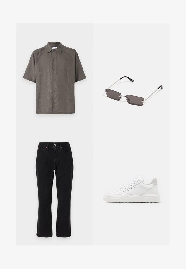 Camisa de manga corta en color verde oliva, confeccionada en una tela texturizada que presenta un patrón de hojas en relieve, con cuello clásico y cierre frontal de botones.; Jeans de mezclilla negra con un diseño de pierna recta, estilo de cinco bolsillos, y herrajes metálicos con acentos de cobre. Textura suave y tiro medio.; Zapatillas de cuero blanca con un acabado suave, punta redondeada, cordones planos y una suela texturada. Acento de ante gris en el talón.; Gafas de sol con lentes rectangulares de color gris oscuro, montura de metal plateado y puntas de plástico negro en las patillas. Diseño ligero con almohadillas nasales.