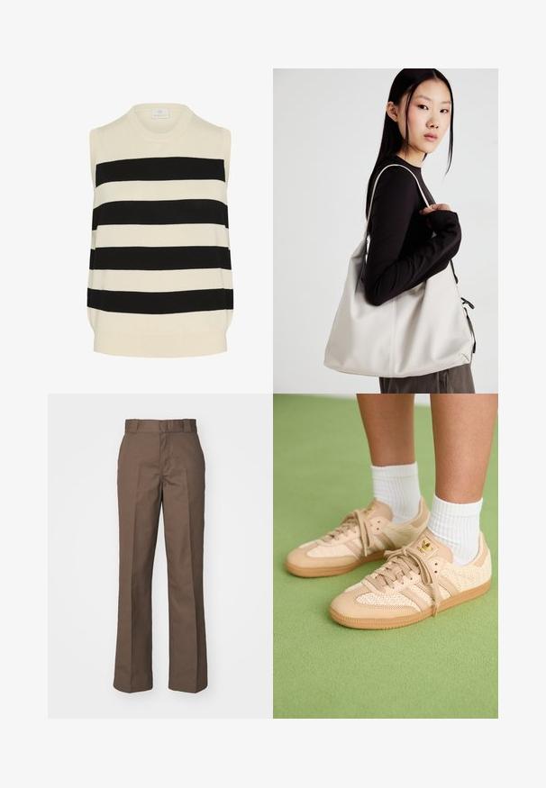 Bezrukávový pletený top v krémovo-čiernom prúžkovanom dizajne. Má okrúhly výstrih a uvoľnený strih s jemnou textúrou.; Hnedé bavlnené nohavice so strihom rovného nohavice, s plochým predným dielom a pútkami na opasok. Hladká textúra, bez viditeľných vzorov alebo akcentov.; Nohy v béžových tkaných teniskách Adidas s gumovými podrážkami a bielymi členkovými ponožkami na zeleno textúrovanom podlahe.; Béžová kabelka vyrobená z mäkkého materiálu, s uvoľneným dizajnom, prišitými detailmi a dvoma popruhmi na nosenie na pleciach. Vhodná na každodenné nosenie.