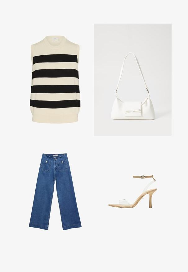 Ärmelloses gestricktes Oberteil im creme- und schwarz gestreiften Design. Verfügt über einen runden Ausschnitt und einen entspannten Schnitt mit einer sanften Textur.; Denim-Hosen im weiten Schnitt mit einer mittleren blauen Waschung, zwei Vordertaschen mit Knopfverschluss und genähten Details entlang der Säume.; Durchsichtige Sandale mit transparentem Obermaterial, beigem Fußbett und einem schlanken Knöchelriemen. Sie hat eine spitz zulaufende Zehenpartie und einen dünnen, hohen Absatz.; Weiße synthetische Handtasche in dreieckiger Form, flache Vorderklappe und Schleifendetail, verstellbarer Trageriemen, glatte Textur und minimalistisches Design.