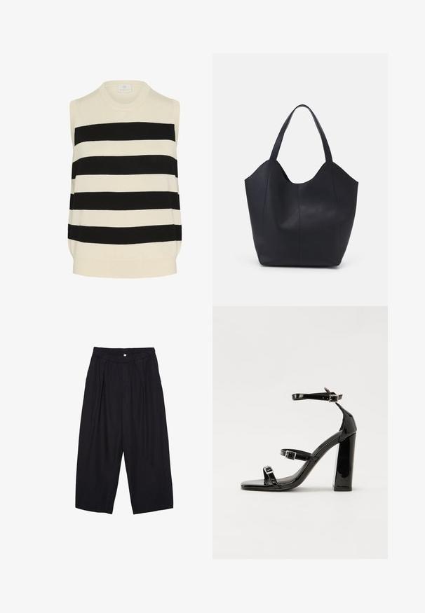 Ärmelloses gestricktes Oberteil im creme- und schwarz gestreiften Design. Verfügt über einen runden Ausschnitt und einen entspannten Schnitt mit einer sanften Textur.; Schwarze Polyester-Culotte mit einem elastischen Bund, zwei vorderen Falten und einer lockeren Silhouette. Keine sichtbaren Muster oder Hardware-Details.; Schwarze patentierte Sandalen mit Absatz, quadratischer Spitze, Knöchelriemen und silbernen Schnallen. Mit einem stabilen Blockabsatz für mehr Stabilität.; Schwarze Tote-Bag aus glattem Leder, mit einem abgerundeten, offenen Oberteil, zwei Schulterträgern und einem minimalistischen Design.