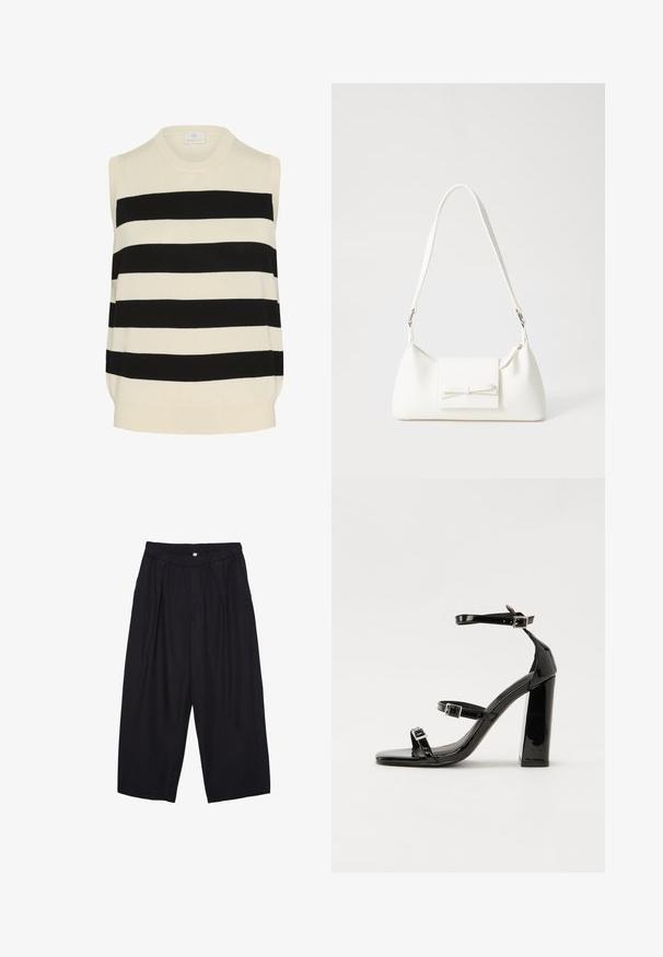 Ärmelloses gestricktes Oberteil im creme- und schwarz gestreiften Design. Verfügt über einen runden Ausschnitt und einen entspannten Schnitt mit einer sanften Textur.; Schwarze Polyester-Culotte mit einem elastischen Bund, zwei vorderen Falten und einer lockeren Silhouette. Keine sichtbaren Muster oder Hardware-Details.; Schwarze patentierte Sandalen mit Absatz, quadratischer Spitze, Knöchelriemen und silbernen Schnallen. Mit einem stabilen Blockabsatz für mehr Stabilität.; Weiße synthetische Handtasche in dreieckiger Form, flache Vorderklappe und Schleifendetail, verstellbarer Trageriemen, glatte Textur und minimalistisches Design.