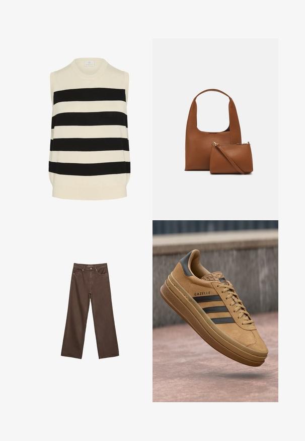 Top senza maniche in design a righe crema e nero. Caratterizzato da un collo rotondo e una vestibilità comoda con una texture morbida.; Jeans a gamba larga marroni in denim, con vita alta, tasche anteriori e chiusura a bottone classica. Tessuto liscio con cuciture sottili.; Sneakers in camoscio beige con texture liscia, caratterizzati da tre strisce scure, punta arrotondata e suola più spessa con un bordo decorato.; Borsa sintetica marrone con manico curvo e texture liscia. Include una piccola pochette abbinata con zip. Design minimalista.