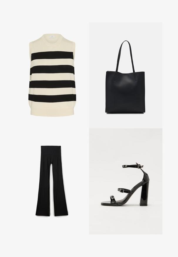 Sleeveless knitted top in cream and black striped design. Features a round neckline and a relaxed fit with a soft texture.; Black wide-leg pants made of stretchy fabric, featuring a high waist and a smooth texture with no visible patterns or accents.; Black patent high-heeled sandals with two buckle straps, square toe, and a chunky block heel, featuring a smooth, glossy texture.; Black leather tote bag with smooth texture, rectangular shape, and two long handles. No visible hardware or embellishments.