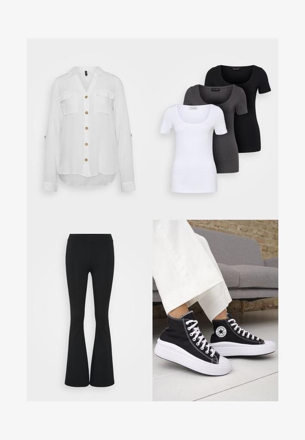 White long-sleeve shirt with a V-neck, two chest pockets, and six round buttons. Soft fabric with a slightly curved hem.; Three fitted T-shirts in white, gray, and black. Each features a wide scoop neckline and short sleeves. Made from smooth, stretchy fabric.; Black flared pants made of stretchy fabric, featuring a high waistband and a smooth texture. The pants flare out from the knee.; Black high-top sneakers with white rubber soles and laces. Features a round logo patch and contrasting white stitching. Canvas material.