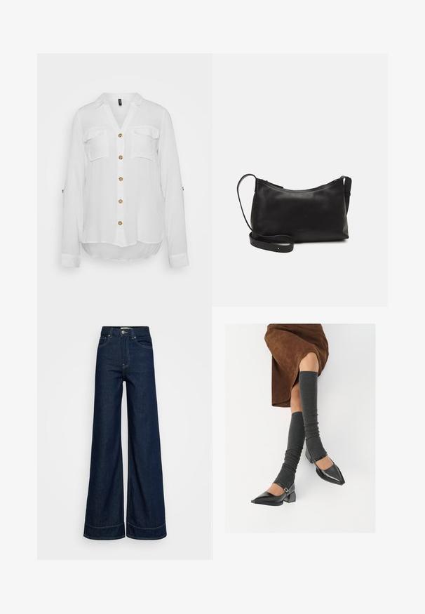 Valge pika varrukaga särk V-kaelusega, kahe rinnatasku ja kuue ümaraga nupuga. Pehme kangas, millel on kergelt kaardus alläär.; Tumedatest sinisest kõrge vöökoht ja laiad puusasid ulatuvad teksad, millel on ees taskud, vööloopide, nööbi kinni keeramine ja nähtav õmblus valgel taustal.; Mustad patsaline odav värviga kingad, millel on kreen ja pahkluuring, on paaritatud hallide ribakudumitega sääremiidega ja pruunist nahast seelikuga.; Mustmust nahk õlakotil on sile tekstuur, kumer kuju, reguleeritav rihm ja lukuga sulgemine. Minimalistlik disain ilma kaunistusteta.