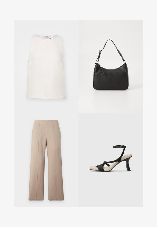 Ärmelloses, hellbeiges Top aus weichem Stoff mit Rundhalsausschnitt und verdecktem Reißverschluss im Rückenteil. Schlichte und glatte Textur.; Beige weit geschnittene Hose aus leichtem Stoff, mit vorderen Falten, einem glatten Bund und geradem Schnitt mit sauberen Säumen.; Schwarze Absatzsandale mit geflochtenem Riemendesign, quadratischer Spitze und verstellbarem Knöchelriemen. Helle beigefarbene Sohle mit glänzendem schwarzen Absatz.; Schwarze Lederhandtasche mit geschwungener Form, einem einzigen Tragegurt, Reißverschlussverschluss und dezentem Branding auf der Vorderseite. Glatte Textur, minimalistisches Design.