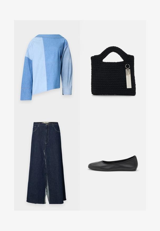 Giacca corta in denim blu con un design a patchwork in diverse tonalità di blu, colletto e maniche lunghe con dettagli ai polsini.; Gonna lunga in denim blu scuro con spacco frontale. Presenta un classico design a cinque tasche e cuciture a vista. L'orlo è sfilacciato.; Pantofole da balletto nere in pelle con punta arrotondata, texture liscia, dettagli di cucitura minimi e design con suola flessibile.; Won Hundred MARSIELLE COMPUTER BAG UNISEX - Borsa porta PC - black