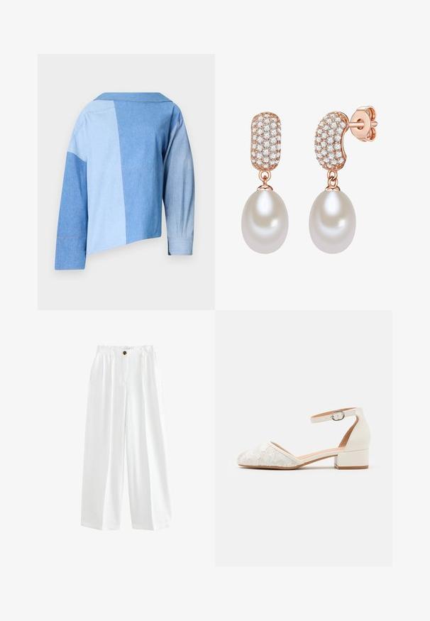 Zila džinsa apgriezta jaka ar raibumu dizainu, kas ietver dažādas zila tonis, ar apkakli un garām piedurknēm ar aproču detaļām.; Balts strapless tops ar rozā ziedu rakstu, rūkota tekstūra un mīksta auduma plūsma. Iezīmē puscaurspīdīgus slāņus.; Baltas platais bikses izgatavotas no viegla auduma. Ar pogu aizdari, divām sānu kabatām un brīvu piegriezumu.; Baltas mežģīņu kurpes ar potītes siksniņu, zemu, biezāku papēdi un smailu purngalu. Gluda iekšējā odere, teksturēti mežģīņu augšdaļa un sprādzes detaļa.; Rožu zelta auss gredzeni, kuriem ir teksturēta, dimanta izšūta augšējā daļa, kas turpinās uz gludu, pārmērīgu, baltu pērli.