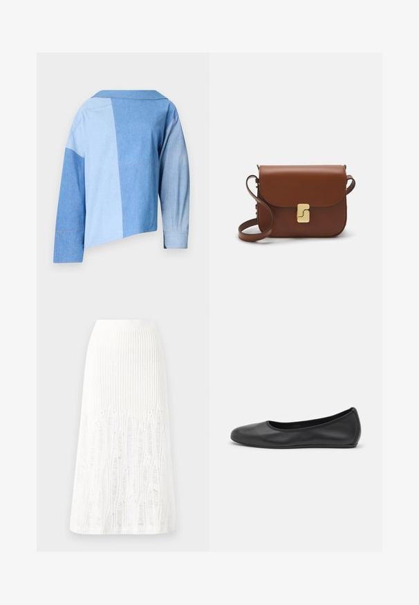 Giacca corta in denim blu con un design a patchwork in diverse tonalità di blu, colletto e maniche lunghe con dettagli ai polsini.; T-shirt bianca a maniche corte realizzata in tessuto a costine. Collo rotondo, vestibilità regolare e dettagli di cucitura sottili. Senza motivi o grafiche.; Gonna midi bianca in maglia con un motivo testurizzato a righe verticali e dettagli a taglio vicino all'orlo. Vita elasticizzata. Materiale morbido.; Pantofole da balletto nere in pelle con punta arrotondata, texture liscia, dettagli di cucitura minimi e design con suola flessibile.; Borsa a tracolla in pelle marrone con chiusura a pattina, hardware color oro, tracolla e una finitura liscia. Forma rettangolare compatta.