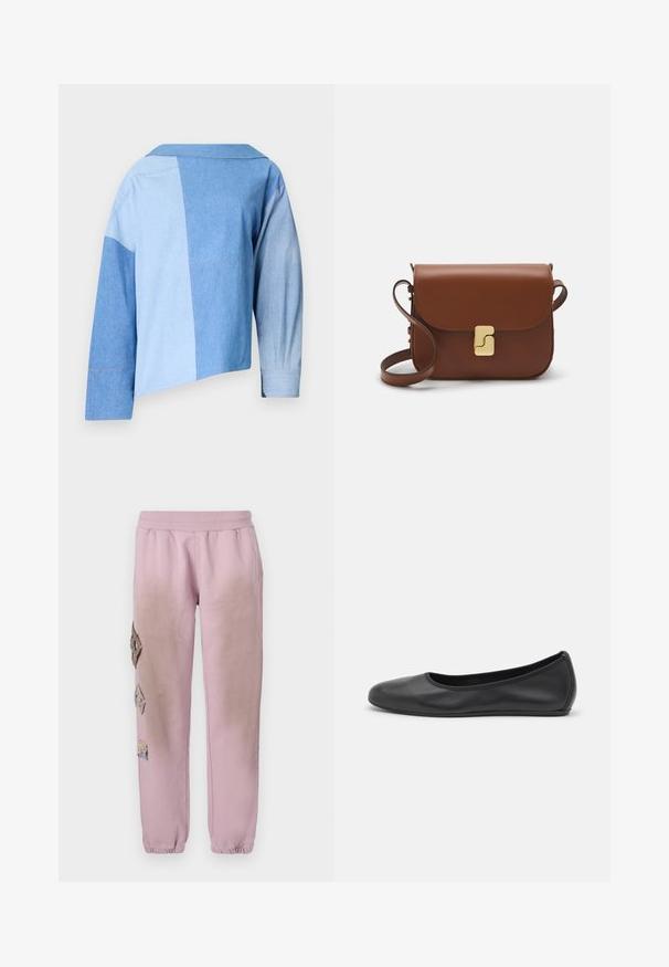 Sininen farkkutakki, jossa on lyhyt malli ja tilkkutyökuvio, vaihtelevat sinisen sävyt, kaulus ja pitkät hihat, joissa on nappikiinnitys.; Valkoinen lyhythihainen t-paita, joka on valmistettu ribbytedusta kankaasta. Pyöreä pääntiie, normaali istuvuus ja hienovaraiset ompeluyksityiskohdat. Ei kuvioita tai grafiikkaa.; Vaaleanpunaiset hikoiluhousut, joissa on joustava vyötärö, ja vasemmalla puolella koristeellisia timantinmuotoisia alueita, sekä joustavat hihnat nilkoissa.; Musta nahkainen ballerina, jossa on pyöristetty kärki, sileä pinta, minimaalinen ommelkoristelu ja joustava pohjamuotoilu.; Ruskea nahkainen käsilaukku, jossa on läppäkiinnitys, kultasävyiset yksityiskohdat, olkahihna ja sileä pinta. Kompaktin suorakaiteen muotoinen.