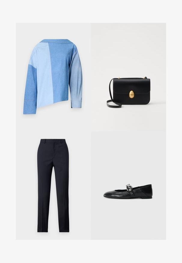 Mėlyna džinsinė trumpa striukė su įvairių atspalvių mėlynos spalvos siuvinėjimo dizainu, apykakle ir ilgomis rankovėmis su apykaklės detalėmis.; Jūriniai pritaikyti kelnes su tiesiu kirpimu, turinčios lygų paviršių, dvi priekinės kišenės ir švarus liemuo.; Juodų odinių baletinių batelių su smailiu nosiu, su užrišamu dirželiu su apvalia metaline sagtimi ir plokščiu padu.; Juodas odinis rankinukas su struktūrine stačiakampio forma. Yra auksinė ovali sagtis ir plona petneša. Glotni tekstūra.