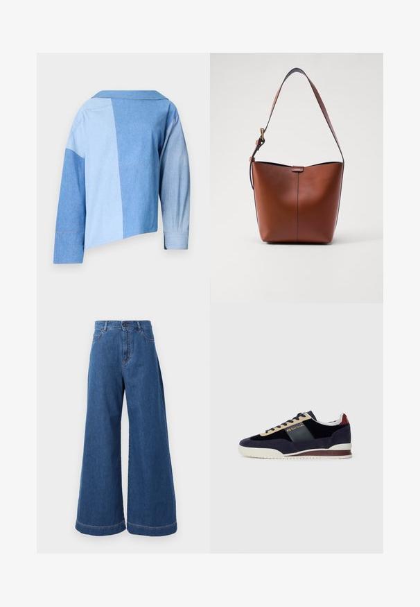 Blauwe denim cropped jack met een patchworkontwerp in verschillende tinten blauw, een kraag en lange mouwen met manchetdetails.; Wijdvallende jeans van middelblauw denim, met een hoge tailleband, voorzakken en contrasterende stiksels langs de naden en zoom.; Marineblauwe suède sneakers met beige en donkerblauwe accenten. Beschikt over een witte rubberen zool en gouden branding aan de zijkant. Klassiek atletisch ontwerp.; Bruine leren schoudertas met een gebogen vorm, gladde textuur en een enkele dunne schouderband. Heeft een subtiele naad en een klein logo-detail.