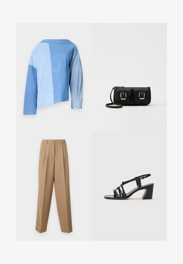 Blauwe denim cropped jack met een patchworkontwerp in verschillende tinten blauw, een kraag en lange mouwen met manchetdetails.; Beige op maat gemaakte broek met een hoge taille, geplooide voorkant en wijde pijpen. De stof lijkt glad met een lichte glans.; Paul Smith AMIRA - Klassieke pumps - black; Zwarte leren schoudertas met twee vo pockets, gouden gespen, ritsluiting en een smalle band. Tekstuur oppervlak en compacte rechthoekige vorm.