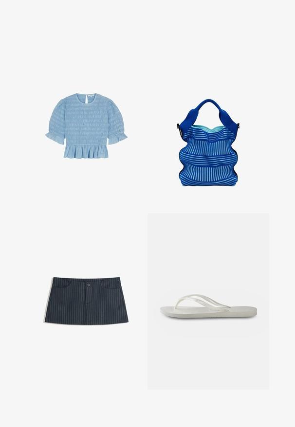 Light blue blouse with smocked texture, round neckline, keyhole back detail, and short puff sleeves with ruffled cuffs and hem.; Navy blue pinstripe mini skirt with front pockets and a single button closure at the waist.; White flip-flop with a textured sole, featuring thin straps and a flat design. Made of rubber with a subtle logo on the footbed.; Desigual MEDIUM PERFORATED - Handbag - blue