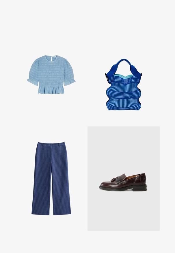 Lichtblauw blouse met gesmokte textuur, ronde halslijn, sleutelgatdetail aan de achterkant, en korte pofmouwen met geribbelde manchetten en zoom.; Marineblauwe wijde broek met verticale witte streepjes, met een platte tailleband en een soepele textuur, gemaakt van een lichtgewicht stof.; Bruine leren loafers met een kwastaccent, ronde neus, lage blokhak en een gestructureerde zool. Glad afwerkt met subtiele stikdetails.; Desigual MEDIUM PERFORATED - Handtas - blue