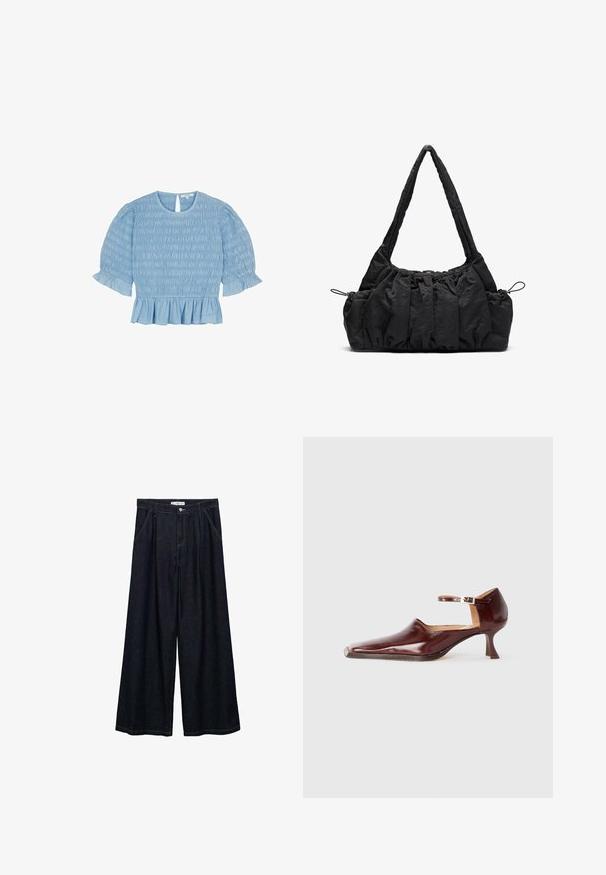 Světle modrá blůza se smockovanou strukturou, kulatým výstřihem, detaily ve tvaru klíčové dírky na zádech a krátkými nabíranými rukávy s volánkovými manžetami a lemem.; Tmavě modré široké kalhoty s vysokým pasem, které mají zapínání na přední knoflík, dvě boční kapsy a švy.; Burgundské lakované boty s špičatou špičkou, kotníkovým pásem a 5 cm zúženým podpatkem. Hladký povrch a minimalistický design.; Černá látková kabelka se skládáním, dvěma ramenními popruhy a stahovacími šňůrkami po stranách. Hladký, lehký materiál.