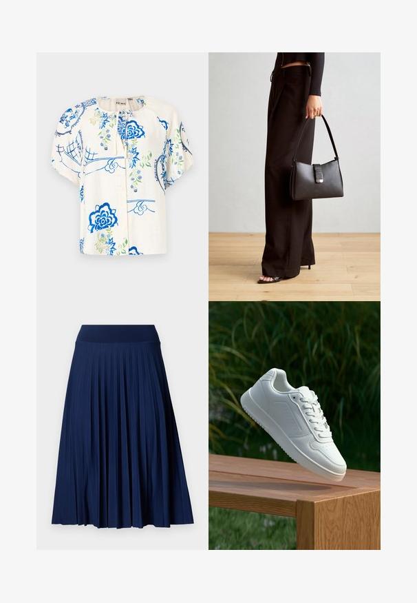 Blusa floreale con motivi blu e verdi su un tessuto crema. Maniche corte a sbuffo, scollatura rotonda e chiusura frontale con bottoni.; Gonna a pieghe blu navy con una vita ampia, realizzata in un tessuto morbido. Presenta pieghe verticali e arriva a metà polpaccio.; Sneaker bianco con tomaia in sintetico liscio, punta perforata, lacci piatti e suola testurizzata, esposto su una superficie di legno.; Borsa nera con forma strutturata, texture liscia e una chiusura metallica. Abbinata a pantaloni neri larghi e sandali open-toe su un pavimento in legno.