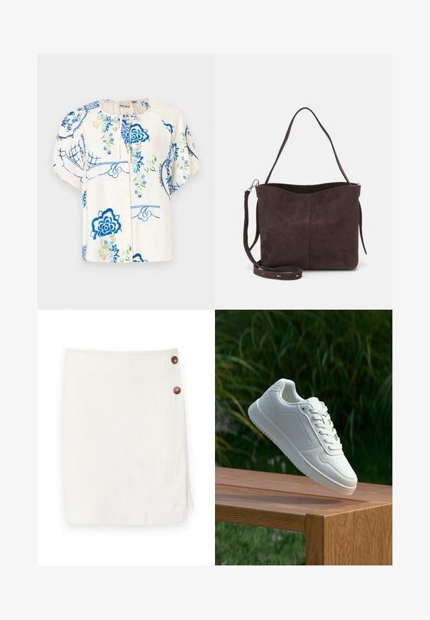 Blumenbluse mit blauen und grünen Designs auf einem cremefarbenen Stoff. Kurze Puffärmel, runder Ausschnitt und Knopfverschluss auf der Vorderseite.; Weißer Rock aus strukturiertem Stoff, mit einem Wickeldesign und zwei runden Knöpfen an der Seite zum Verschließen.; Weiße Sneaker mit einem glatten, synthetischen Obermaterial, perforierter Zehenbox, flachen Schnürsenkeln und einer strukturierten Sohle, präsentiert auf einer Holzoberfläche.; Braune Wildleder-Tasche mit weicher Textur, ausgestattet mit einem einzelnen Schulterriemen und einer dezenten, gewölbten Öffnung an der Oberseite. Keine sichtbaren Beschläge.
