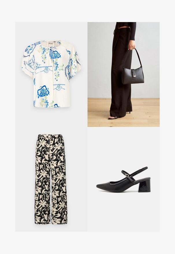 Kvetinový top s modrými a zelenými motívmi na krémovom materiáli. Krátke nariasené rukávy, okrúhly výstrih a predné zapínanie na gombíky.; Čierne nohavice s širokými nohavicami a krémovým kvetinovým vzorom. Vyrobené z ľahkej látky, s hladkou textúrou a vysokým pásom.; Čierne lakované kožené lodičky so slingback dizajnom, špicatou špičkou, zaobleným výrezom a blokovým podpätkom. Obsahuje akcent zlatého tónu s prackou.; Čierna kabelka so štruktúrovaným tvarom, hladkou textúrou a kovovou sponou. V kombinácii so širokými čiernymi nohavicami a sandálmi s otvorenou špičkou na drevenej podlahe.