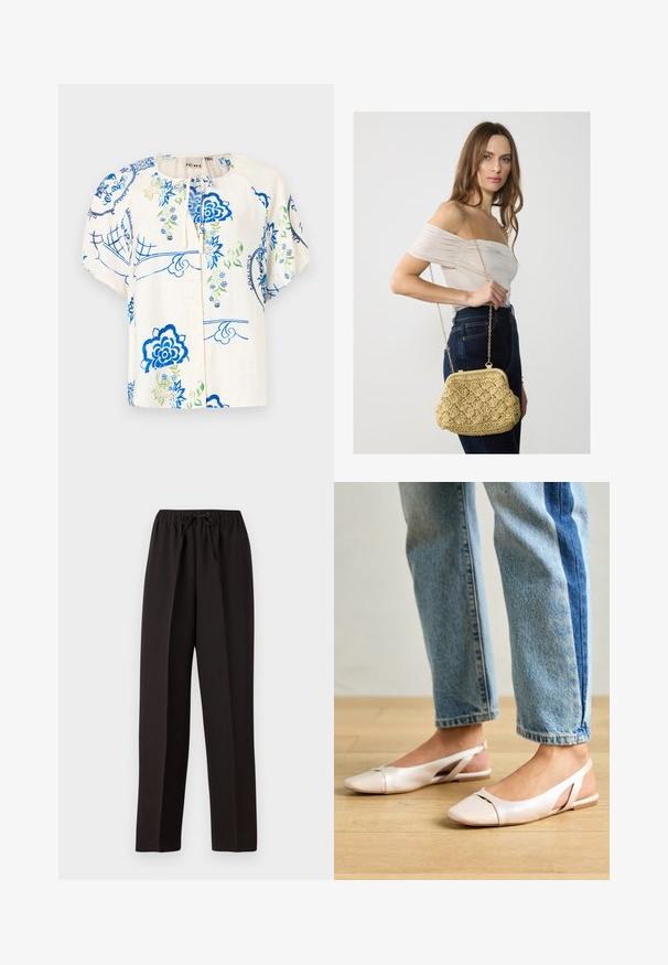 Cvetasta bluzica z modrimi in zelenimi vzorci na kremasti tkanini. Kratki napihnjeni rokavi, okrogla izreza in sprednje zapiranje s gumbi.; Črne široke hlače z elastičnim pasom in nastavljivim vrvico. Narejene iz gladkega, lahkega materiala brez vidnih vzorcev.; Svijetloružičaste slingback balerinke s šiljastim nožnim prstima, napravljene od glatkog materijala nalik koži. Imaju izrezane detalje sa strane i ravne pete.; Tkanina iz slame v svetli bež barvi, ki se ponaša s krivinsko obliko, zapiranjem s sponko in zlate verižice. Bturna površina z diamantnim vzorcem.