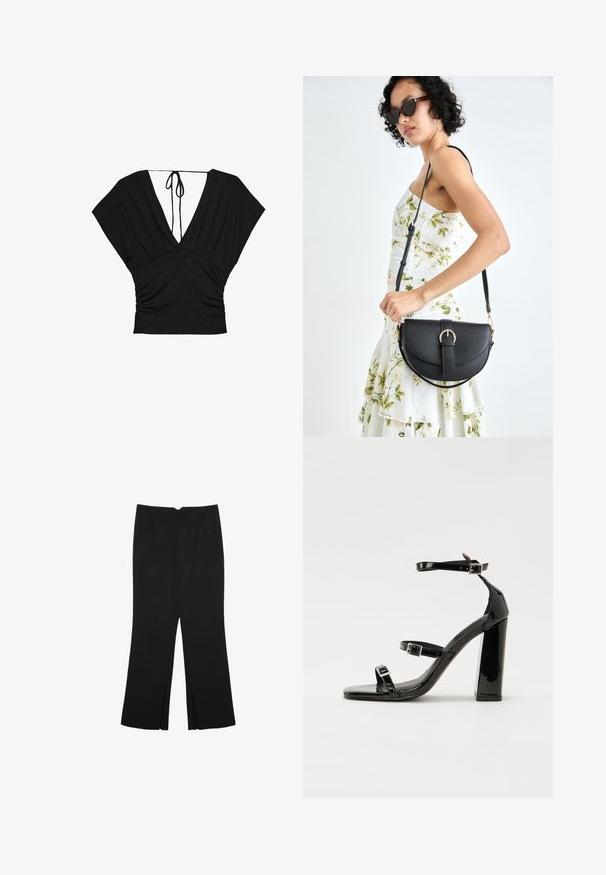 Schwarzes Oberteil mit tiefem V-Ausschnitt, kurzen, weiten Ärmeln und gerafftem Textil in der Taille mit einer Bindeschließe hinten. Aus weichem Stoff.; Schwarze Hose mit geradem Schnitt, ausgestattet mit Fronttaschen und Seitenschlitzen am Saum. Hergestellt aus weichem, glattem Stoff. Geeignet für verschiedene Anlässe.; Schwarze patentierte Sandalen mit Absatz, quadratischer Spitze, Knöchelriemen und silbernen Schnallen. Mit einem stabilen Blockabsatz für mehr Stabilität.; Schwarze Lederhandtasche mit geschwungener Form, abnehmbarem Tragegurt und goldenen Beschlägen. Die Tasche verfügt über einen Deckel mit einer Schnallen-Details.