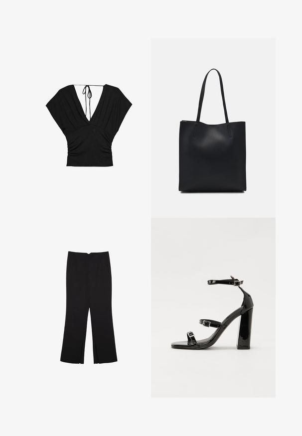 Top nero con profondo scollo a V, maniche corte e larghe, e texture arricciata in vita con una chiusura a cravatta sul retro. Tessuto morbido.; Pantaloni neri a gamba dritta, con tasche frontali e spacchi laterali all'orlo. Realizzati in tessuto morbido e liscio. Adatti a diverse occasioni.; Sandali con tacco in vernice nera, con punta squadrata, cinturini alla caviglia e fibbie in argento. Presentano un tacco a blocco spesso per maggiore stabilità.; Borsa tote in pelle nera con texture liscia, forma rettangolare e due manici lunghi. Nessun hardware o decorazione visibile.