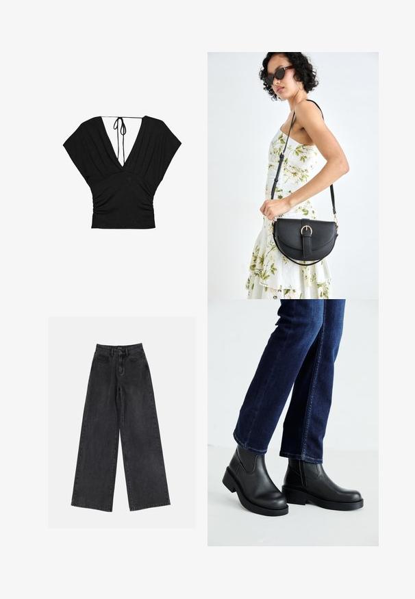 Black top featuring a deep V-neck, short wide sleeves, and gathered texture at the waist with a tie closure at the back. Soft fabric.; Black wide-leg denim jeans featuring a high waist, classic five-pocket design, and subtle fading. Durable fabric with a smooth texture.; Black leather ankle boots with a chunky sole and side elastic panels, paired with dark blue jeans. The ground is light-colored.; Black leather handbag with a curved shape, detachable strap, and gold hardware. The bag features a flap with a buckle detail.