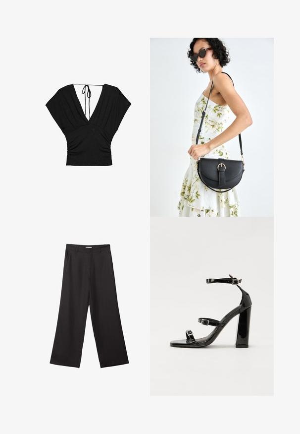 Musta paita, jossa on syvä V-kaula-aukko, lyhyet leveät hihat ja kerätty rakenne vyötäröllä solmittavalla sulkemisella selässä. Pehmeää kangasta.; Mustat leveälahkeiset housut, jotka on valmistettu sileästä kankaasta. Niissä on edessä vetoketju ja kaksi sivutaskua, ja niiden muotoilu on räätälöity ja minimalistinen.; Musta kiiltävä korkokenkä sandaalit neliönmuotoisella varpaalla, nilkkaremmillä ja hopeisilla soljilla. Varustettu tukevalla lohkokorkealla vakauden takaamiseksi.; Musta nahkainen käsilaukku, joka on kaareva muotoilultaan, irrotettavalla hihnalla ja kultaisilla yksityiskohdilla. Laukussa on läppä, jossa on solk yksityiskohta.