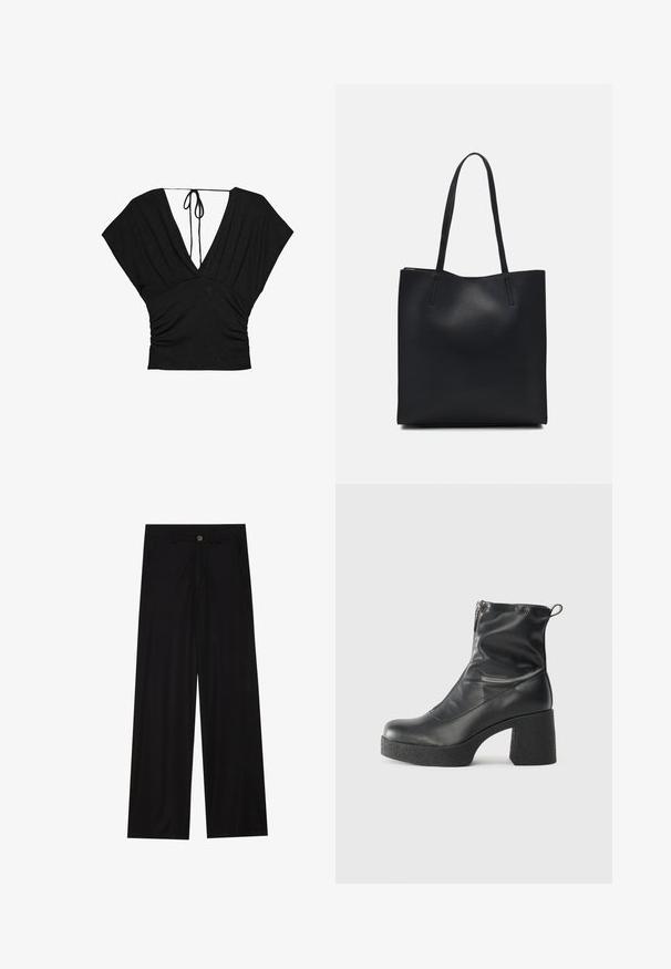 Crni top s dubokim V-izrezom, kratkim širokim rukavima i naboranim teksturom u struku s vezivanjem na leđima. Mekana tkanina.; Široke crne hlače izrađene od glatkog materijala, s prednjim džepovima i kopčanjem na gumb u struku. Minimalistički dizajn bez uzoraka.; Crne gležnjače od glatke kože, s bočnim zatvaračem, debelim teksturiranim potplatom i dizajnom s zaobljenim prstima.; Crna kožna torba za nošenje s glatkom teksturom, pravokutnim oblikom i dvije duge ručke. Nema vidljivih metalnih dijelova ili ukrasa.