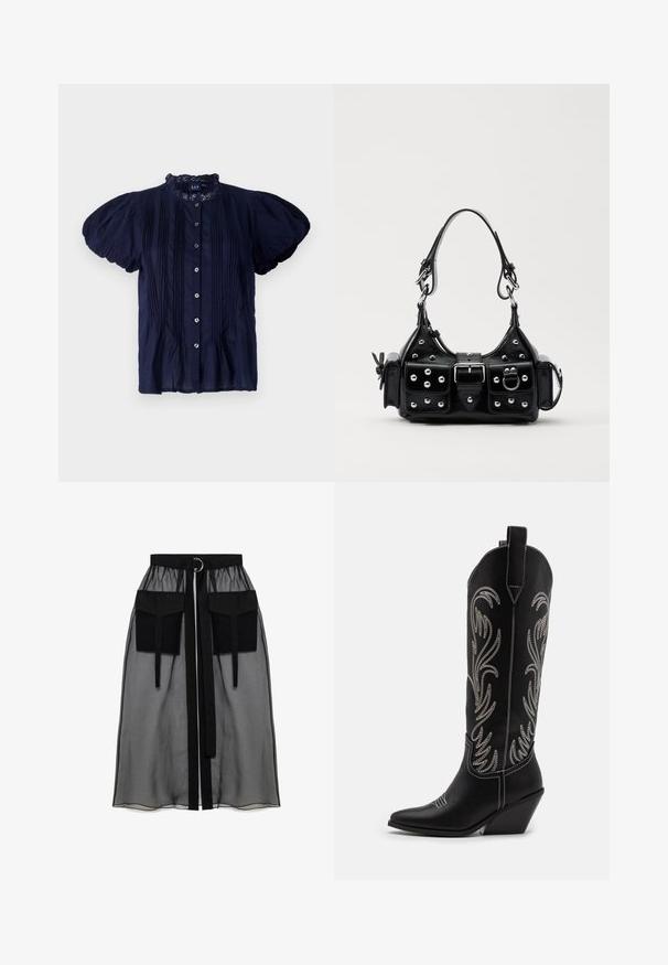 Tumši zilas īsās piedurknes blūze ar ruffles apkakli, ar vertikālām krokām un sudraba pogām priekšā. Vieglas audums.; Melnā caurspīdīgā svārka ar salikto jostasvietu, kas ietver divas lielas priekšējās kabatas, jostas saitīti un apaļu metāla akcentu.; Melnas ādas kovboju zābakus ar norādītām pirkstiem, sānām paceltu papēdi un sudraba izšūtām ziedu rakstiem gar zābaka kāju. Kontrasta dūrieni visā zābakā.; Melnas ādas rokturmais ar izliekumu, ar sudraba iedurtiem, sprādzi un divām sānu kabatām. Regulējams siksniņas garums dažādām nēsāšanas iespējām.